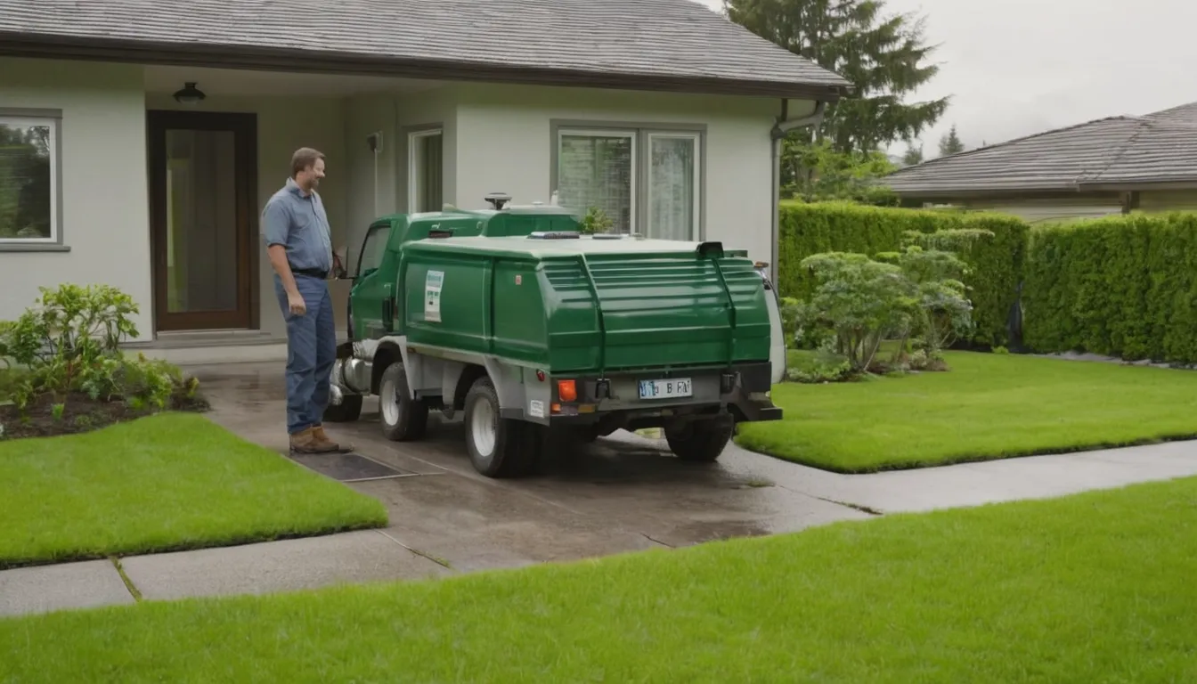 Friendly septic provider talking with a homeowner beside an older frame house in Corcoran, with an open tank access lid in the yard