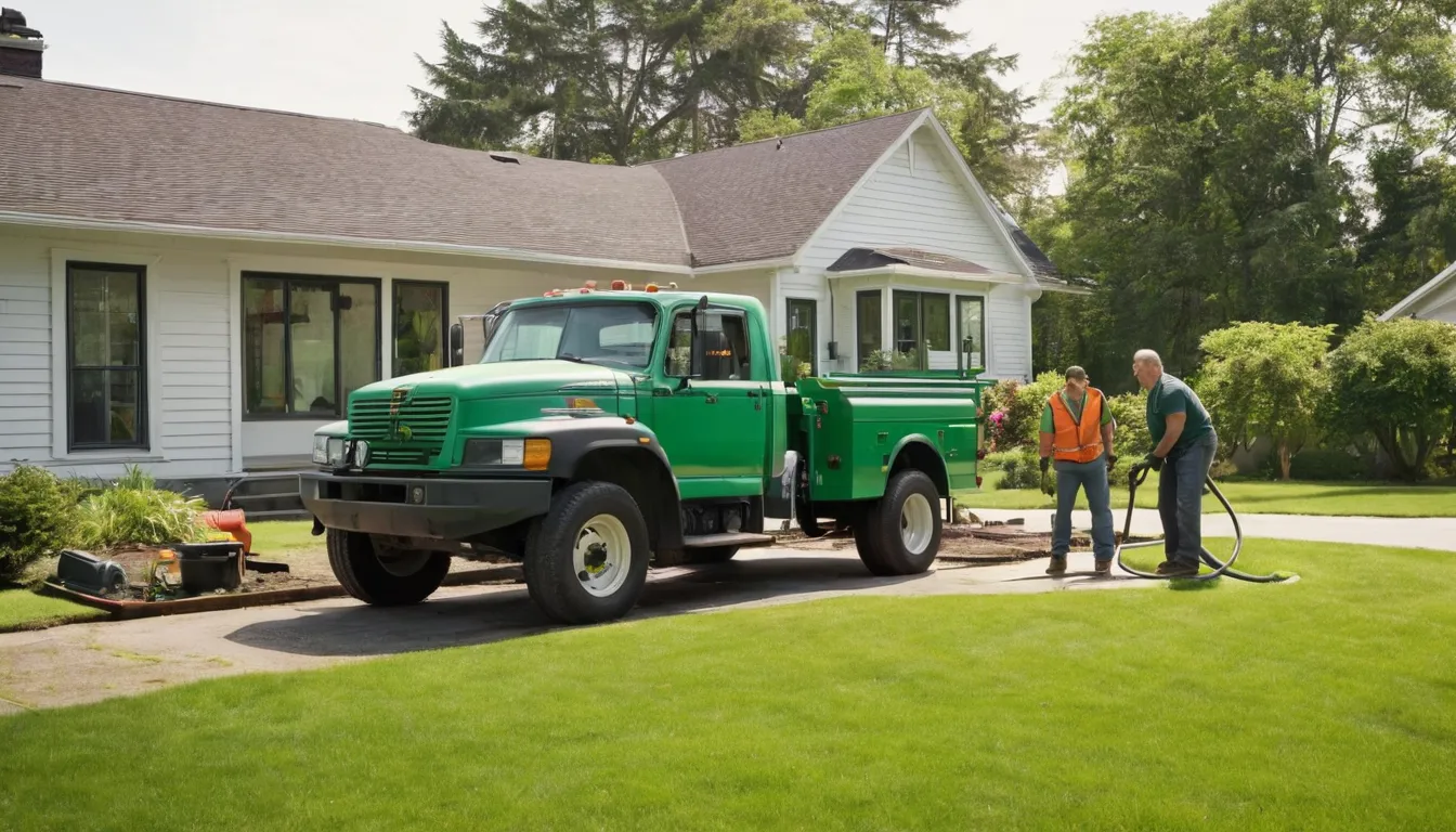 A friendly septic provider and a homeowner talking beside a septic tank lid in the yard of an older Corcoran home
